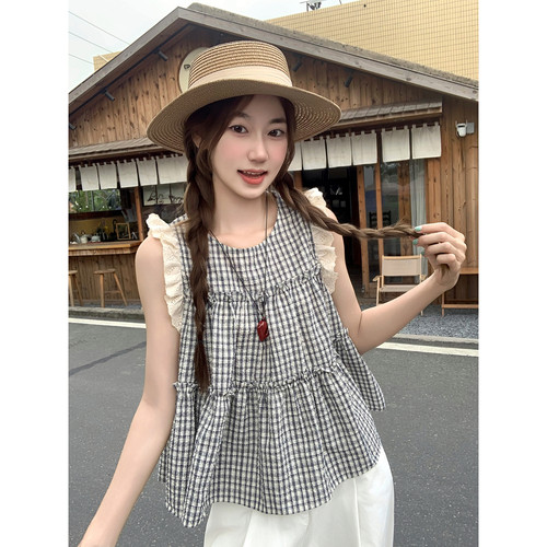 蕾丝格子小飞袖娃娃衫