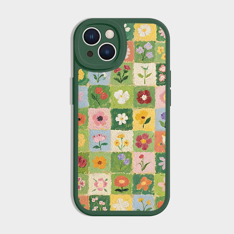 绿色格子花适用苹果16promax手机壳iPhone15小米14小羊皮P80软壳oppo荣耀400防摔vivo华为nova13搞怪mate60