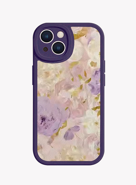 文艺油画渲染紫色花朵小羊皮适用iPhone13promax手机壳华为nova11红米k60vivoiqooneo7魅族21苹果12软小米14