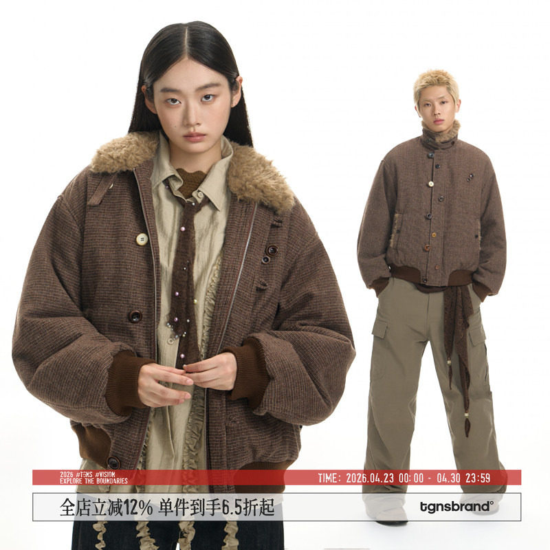 TGNS仿羊羔毛翻领厚条纹外套女生冬季保暖棉衣男美式复古休闲上衣