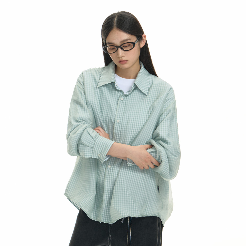 TGNS网纱格纹薄荷绿长袖衬衫女春季小众高级感宽松翻领格子衬衣男