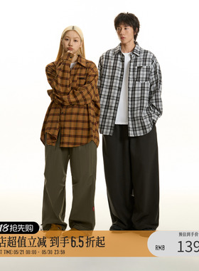 TGNS美式姜黄色磨毛格子衬衫男长袖复古格纹衬衣女生宽松上衣外套
