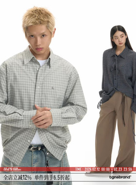 TGNS抽绳调节领带格子衬衫女款春季设计感复古翻领格纹长袖衬衣男