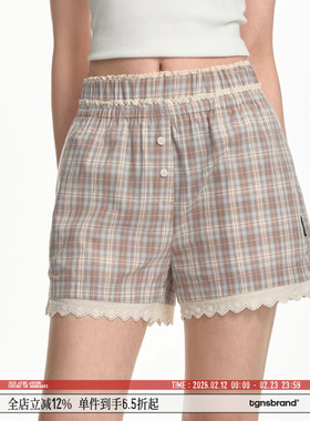 TGNS女生夏季甜美风蕾丝花边短裤蓝色格纹设计感百搭休闲复古裤子