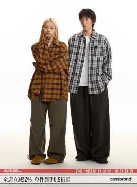 TGNS美式姜黄色磨毛格子衬衫男长袖复古格纹衬衣女生宽松上衣外套