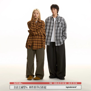 复古格纹衬衣女生宽松上衣外套 男长袖 TGNS美式 姜黄色磨毛格子衬衫