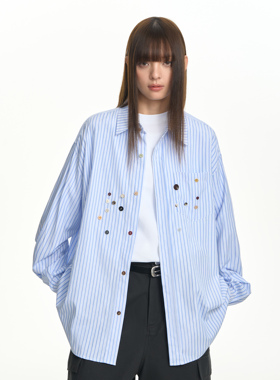 【明星同款】TGNS蓝色条纹衬衫女秋季设计感宽松休闲衬衣薄外套男