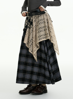 TGNS格子拼接不规则半身裙秋季小众复古设计感长裙子高腰显瘦半裙