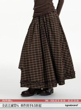 TGNS下摆抽褶不规则半身裙春季小众设计感长裙子复古高腰格纹半裙