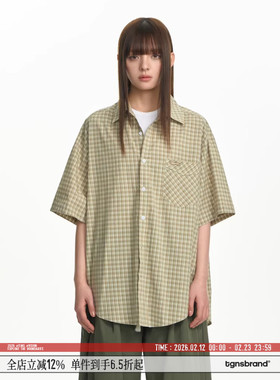 TGNS黄色格子衬衫女夏季宽松半袖美式复古格纹衬衣百搭情侣上衣男