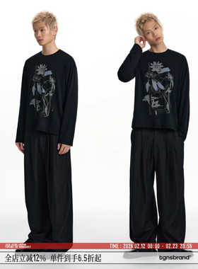 TGNS原创意识流花卉长袖t恤女春季慵懒宽松黑色轻薄罩衫男生上衣