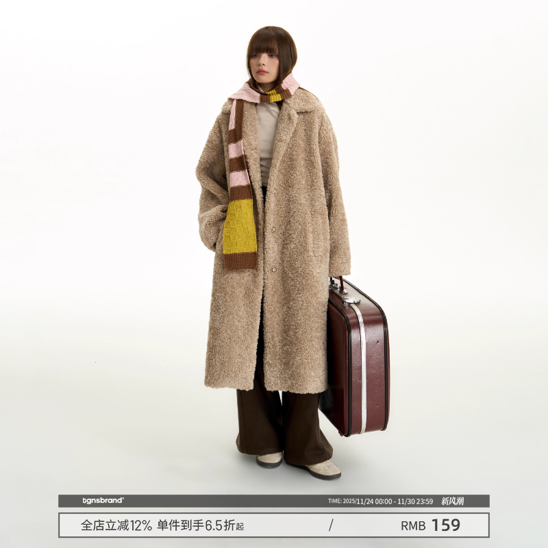 TGNS仿羊羔绒大衣秋冬过膝风衣