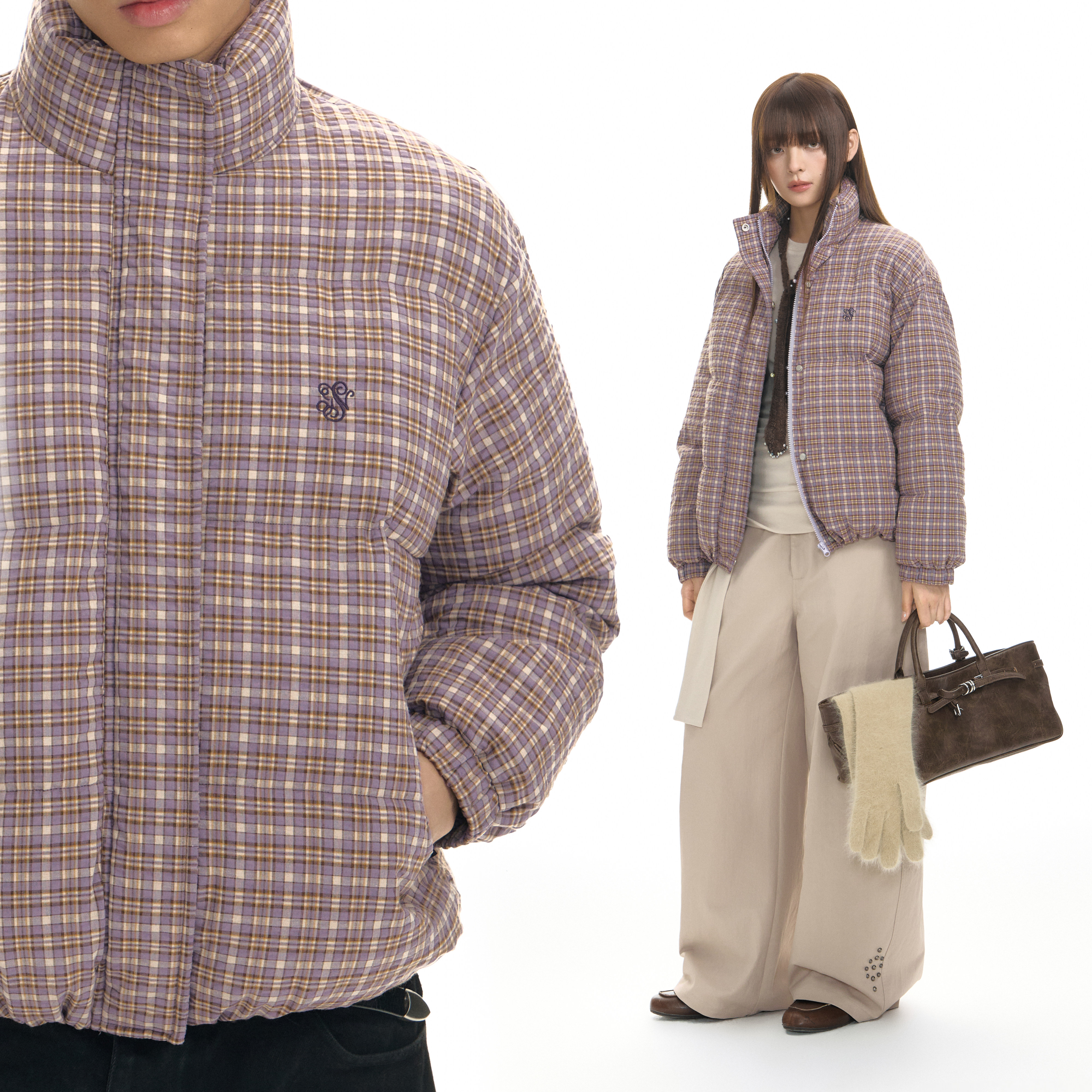 【chammy直播专属】TGNS立领格子棉服格纹棉衣加厚棉袄保暖外套