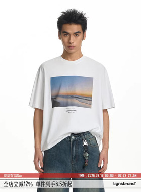 TGNS风景印花t恤男夏日情侣短袖cleanfit基础宽松休闲白色半袖女