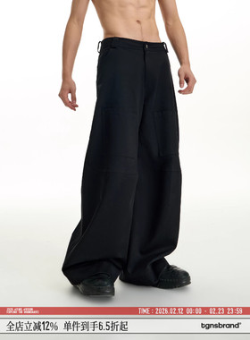 TGNS潮牌宽松廓形硬挺小花撞钉长裤子春季新款设计感黑色工装裤男