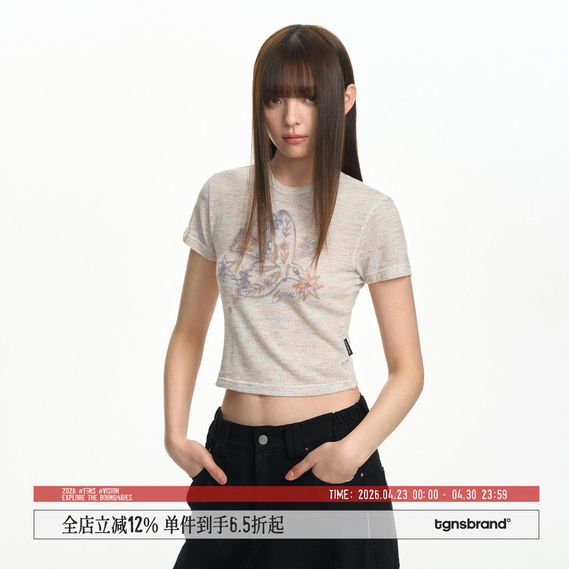 【明星同款】TGNS彩纱飞鸟正肩t恤女设计感休闲短袖修身网纱上衣