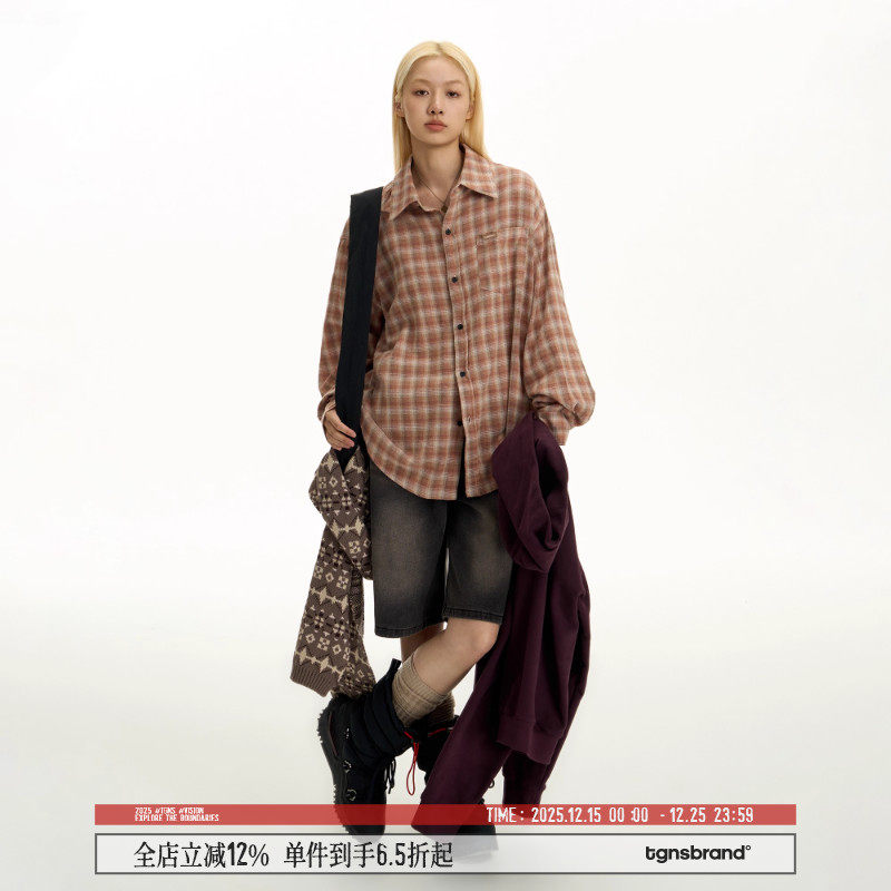 TGNS磨毛衬衫美式复古翻领长袖