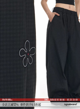 TGNS美式复古刺绣格纹休闲裤女生春季宽松直筒慵懒百搭拖地长裤子