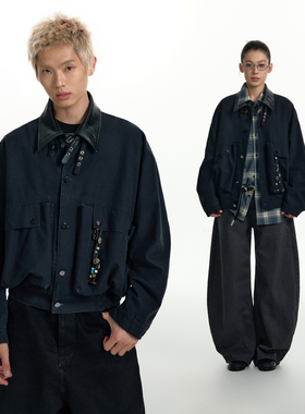 TGNS巴恩风工装外套女秋季美式复古串珠帆布夹克男宽松设计感上衣