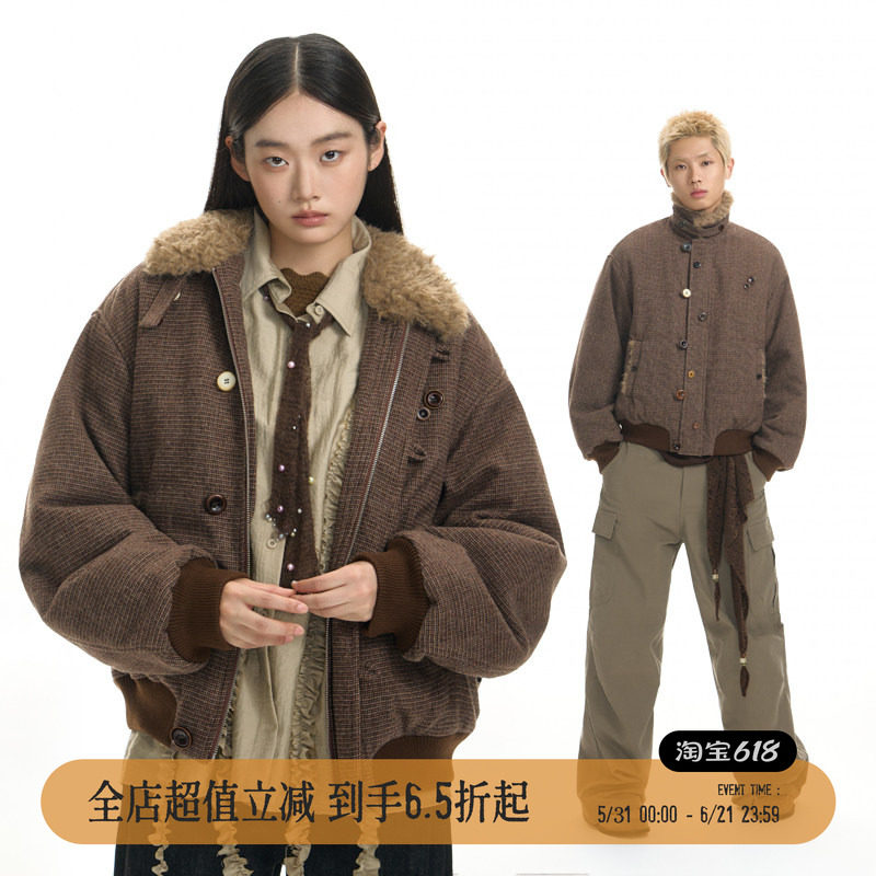 TGNS仿羊羔毛翻领厚条纹外套女生冬季保暖棉衣男美式复古休闲上衣