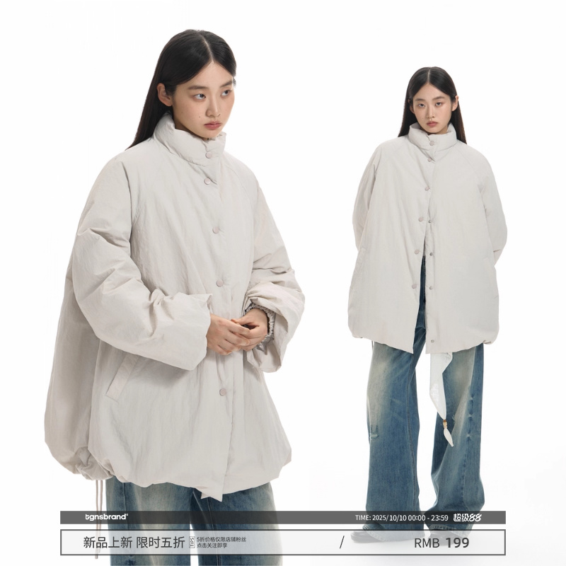 TGNS中长款抽绳花苞棉服女冬季慵懒风保暖棉衣设计感立领防风外套