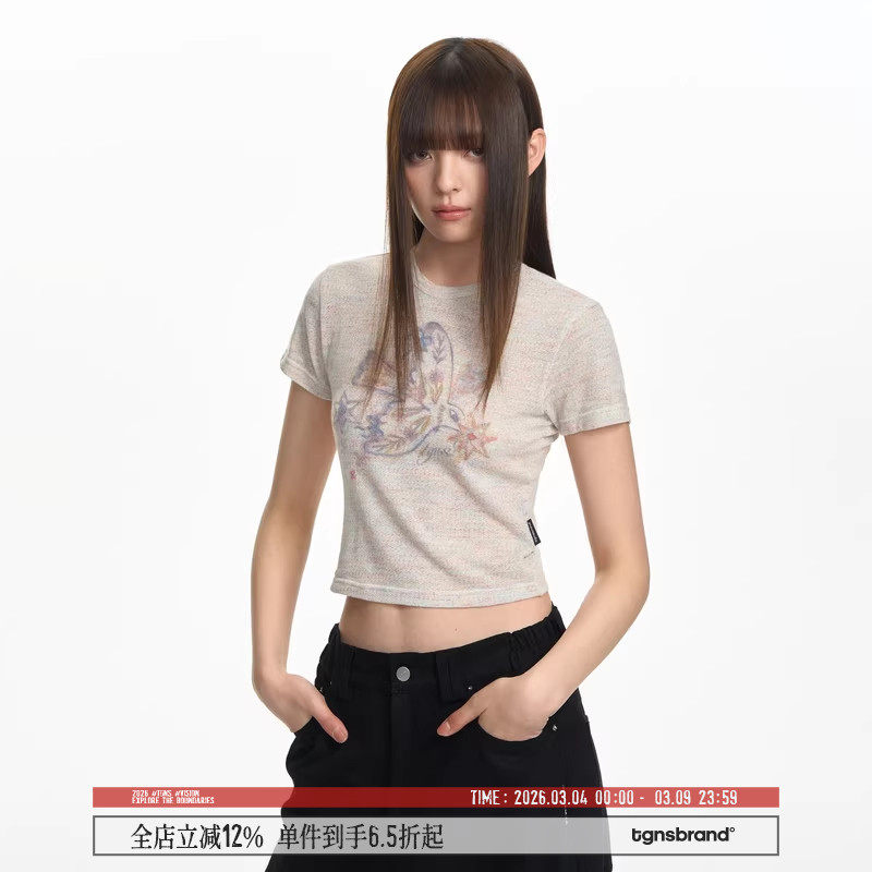 【明星同款】TGNS彩纱飞鸟正肩t恤女设计感休闲短袖修身网纱上衣