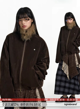 TGNS毛领仿麂皮夹克女春季棕色美式复古棒球服设计感宽松情侣外套