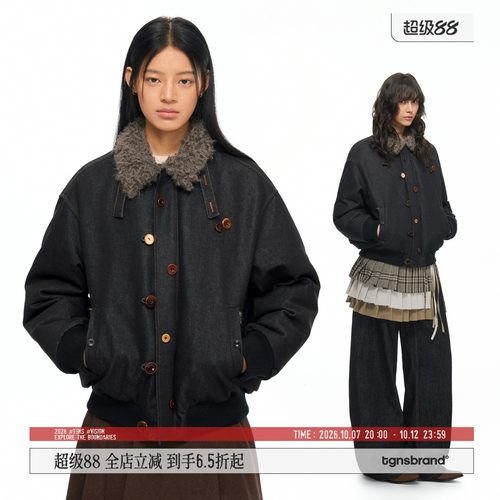 TGNS复古原牛彩扣毛领牛仔棉服