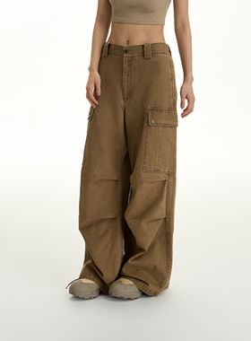 TGNS复古卡其色美式工装裤子男秋季宽松休闲裤巴恩风设计感长裤女