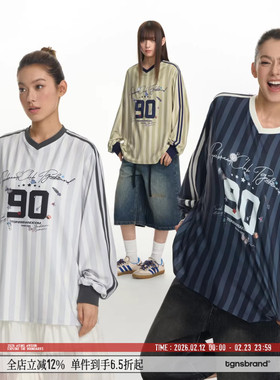 TGNS条纹印花美式复古长袖球衣春季Blokecore宽松休闲显瘦上衣t恤