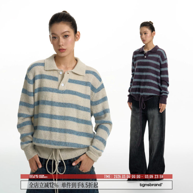 TGNS仿马海毛POLO领毛衣女春季收腰蓝色宽松条纹针织上衣情侣外套