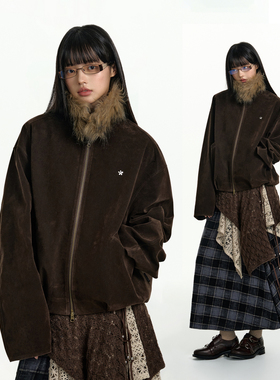 TGNS毛领仿麂皮夹克女秋冬棕色美式复古棒球服设计感宽松情侣外套