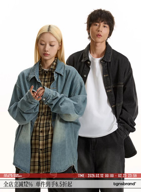 TGNS潮牌美式复古水洗做旧牛仔衬衫男春季宽松衬衣长袖上衣外套女