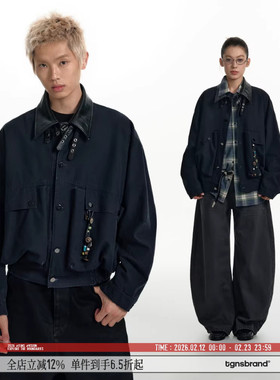 TGNS巴恩风工装外套女春季美式复古串珠帆布夹克男宽松设计感上衣
