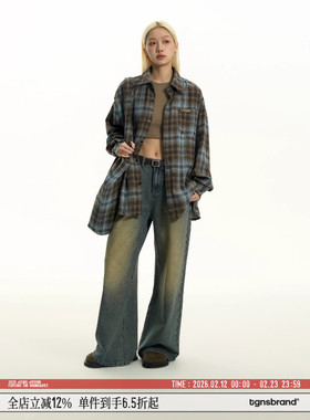 邓为同款TGNS美式磨毛格子衬衫男春季复古宽松格纹长袖衬衣女外套