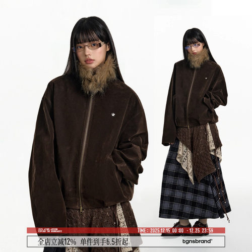 TGNS毛领压褶仿麂皮夹克情侣外套