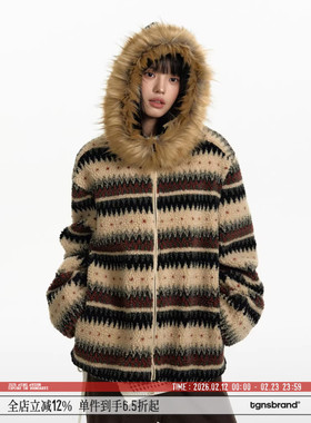 TGNS毛领连帽仿羊羔毛外套女秋冬毛绒设计感宽松复古费尔岛毛衣男