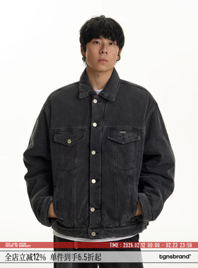 TGNS潮牌水洗做旧牛仔夹克棉服男款冬季复古加厚保暖黑色棉衣外套