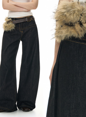 TGNS仿皮草复古撞钉腰带弯刀裤女秋冬宽松垂感牛仔裤男直筒长裤子