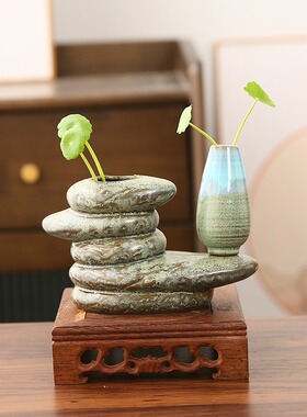 陶瓷花瓶水培花盆中式家居茶桌茶台摆件禅意石头创意花器插花装饰
