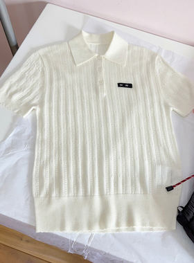 NGRM 100%纯羊毛~缪系镂空polo领针织短袖学院风翻领上衣女夏季