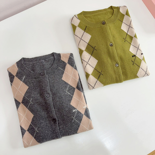 菱格学院风针织开衫 NGRM 英同款 张元 毛衣外套女 70%羊毛30%羊绒