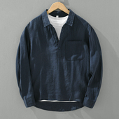 领休闲上衣宽松防晒服薄款 透气套头衬衫 T恤男夏季 纯亚麻翻领长袖