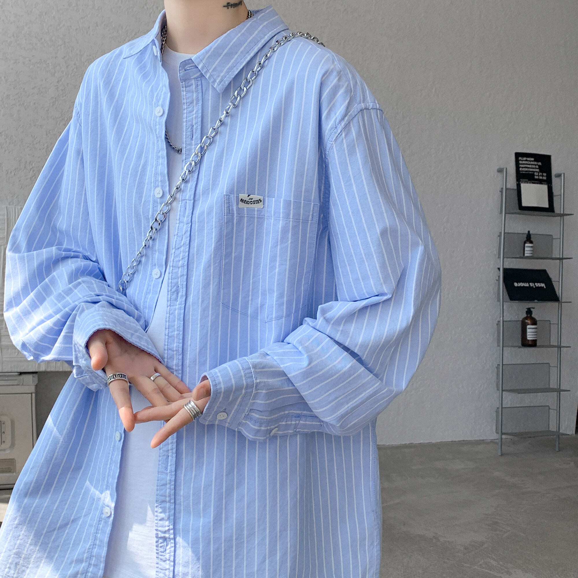 蓝色防晒条纹衬衫男生夏季薄款