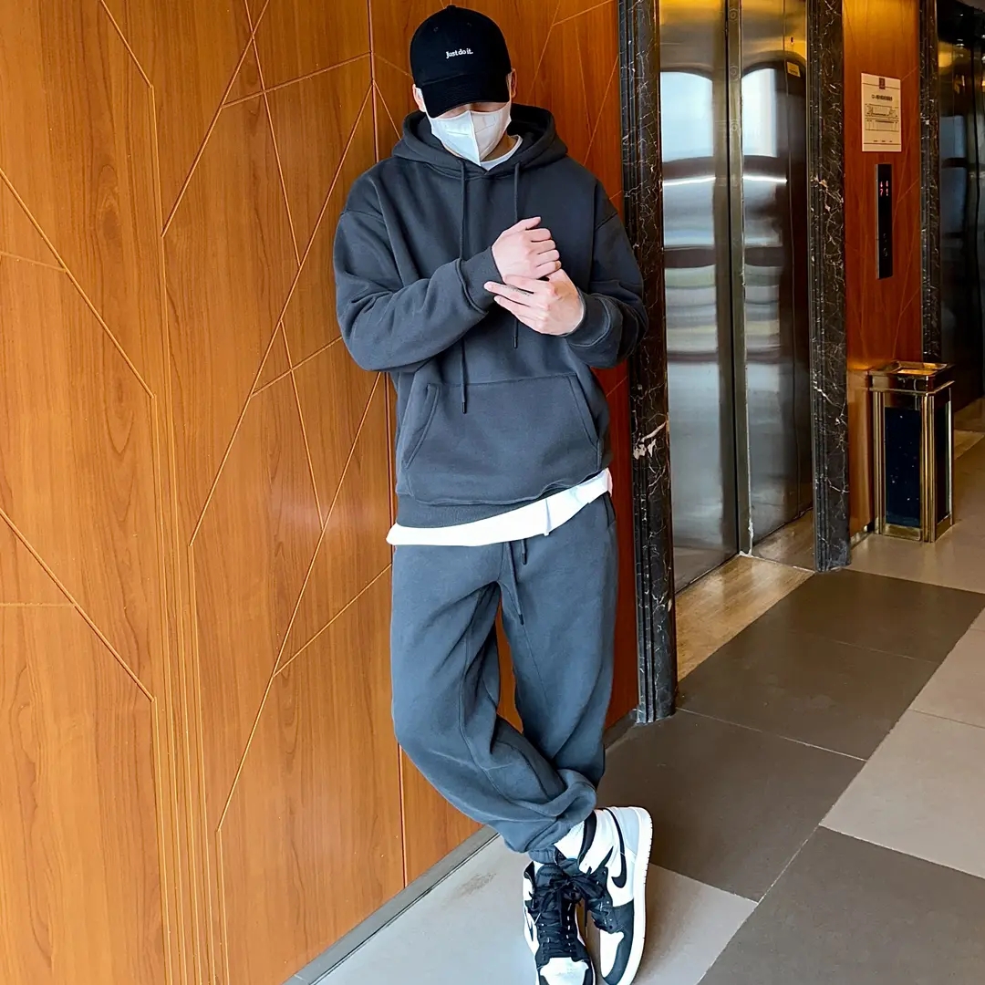 秋冬加绒运动套装男高街潮牌cityboy日系卫衣两件套情侣纯色一套