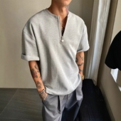 老钱风华夫格半拉链短袖 上衣 宽松落肩V领打底半袖 t恤男25夏季 新款