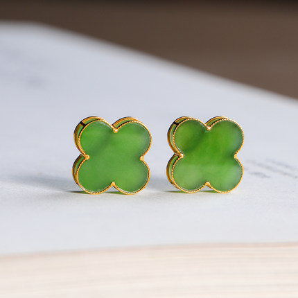 和田碧玉绿四叶草耳钉女18k金高级感耳环养耳洞冷淡风耳饰品