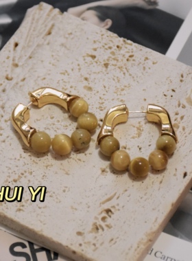 HUI YI STUDIO 戴珍珠耳环的少女 法式高JI感串珠耳环 虎石 珍珠