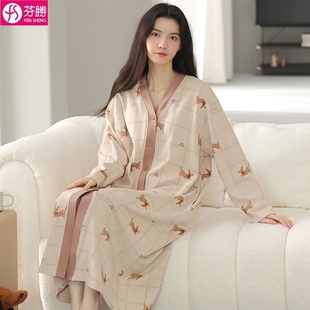 高端睡裙女款春秋季纯棉长袖2026新款秋天睡衣女士中长款裙子睡袍