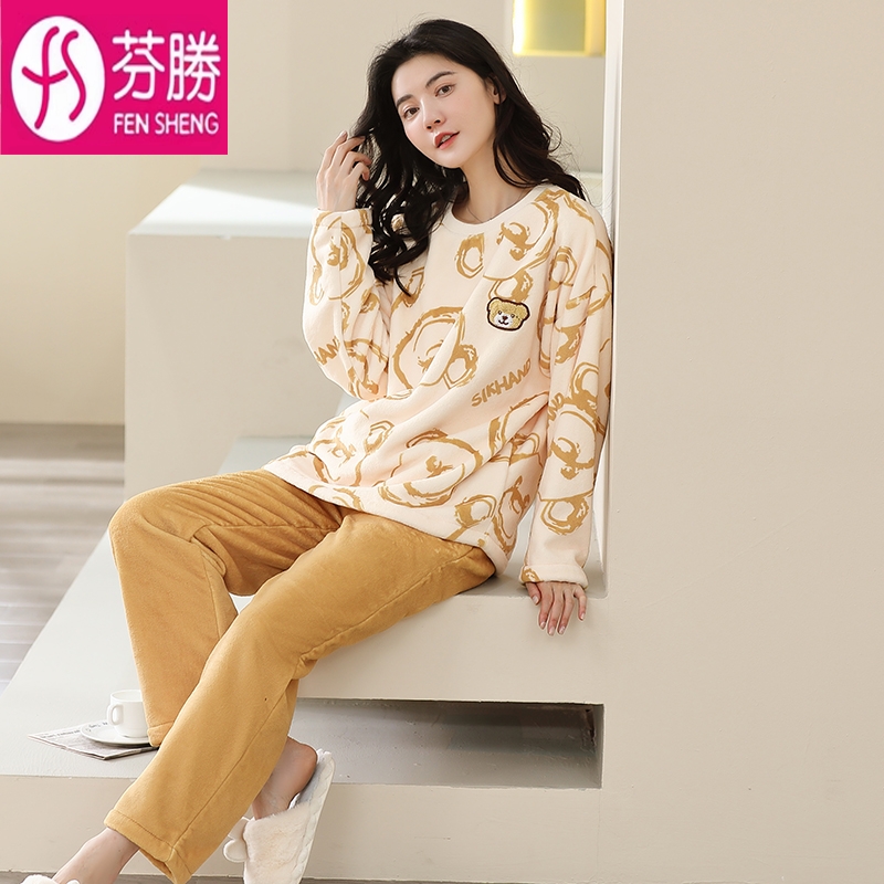 珊瑚绒睡衣女款秋冬季2025新款加绒加厚套头薄绒家居服套装可外穿